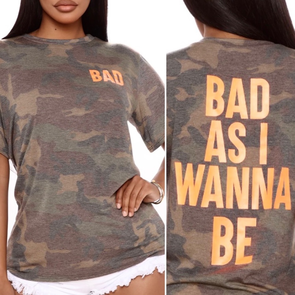 NEW Baddie Graphic Tee XS Fashion Nova Camo Green Camouflage NWT
